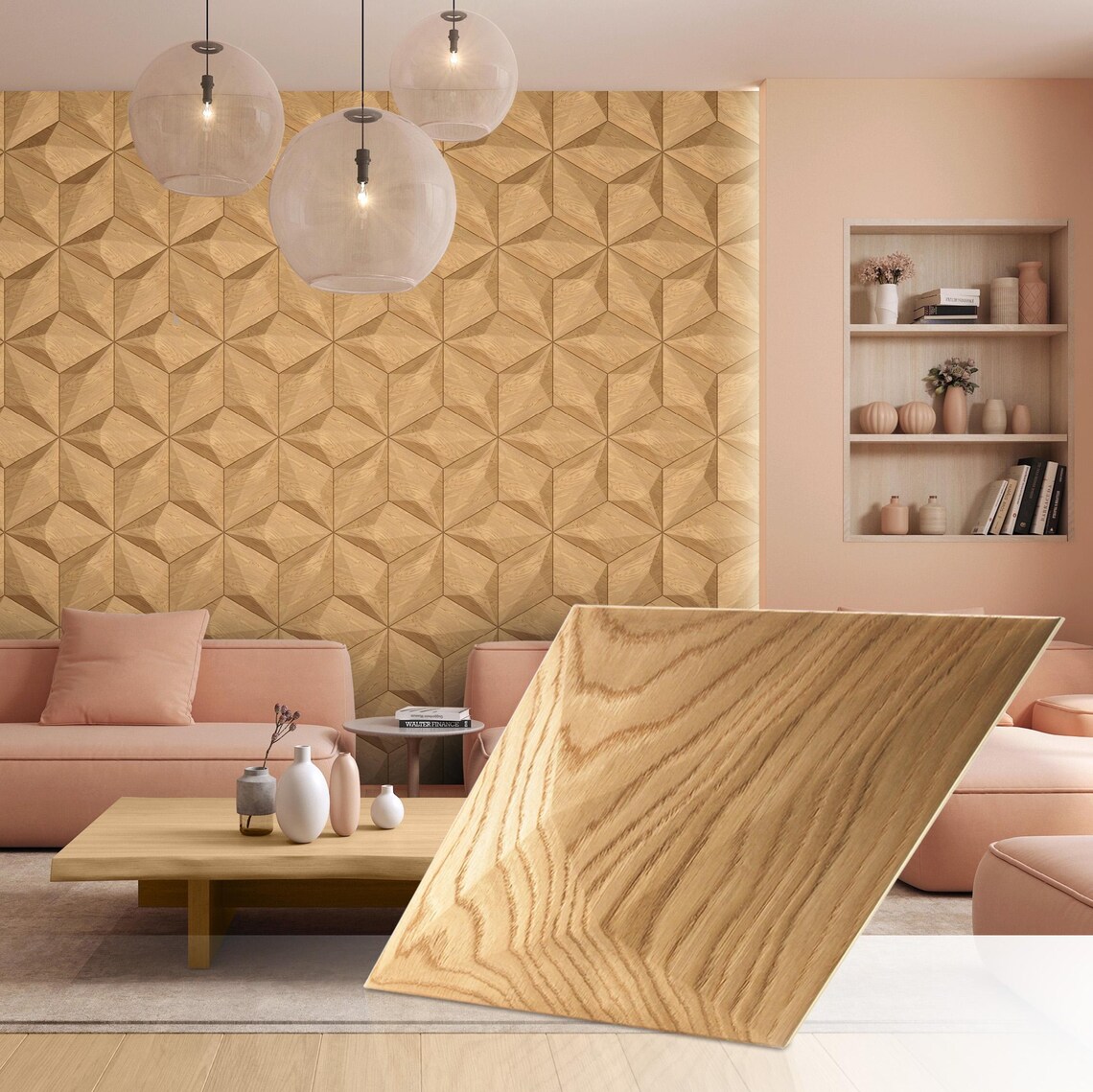 Diamond: Facettiertes Rauten-3D-Holzpaneel aus Massivholz Architectural Rendering