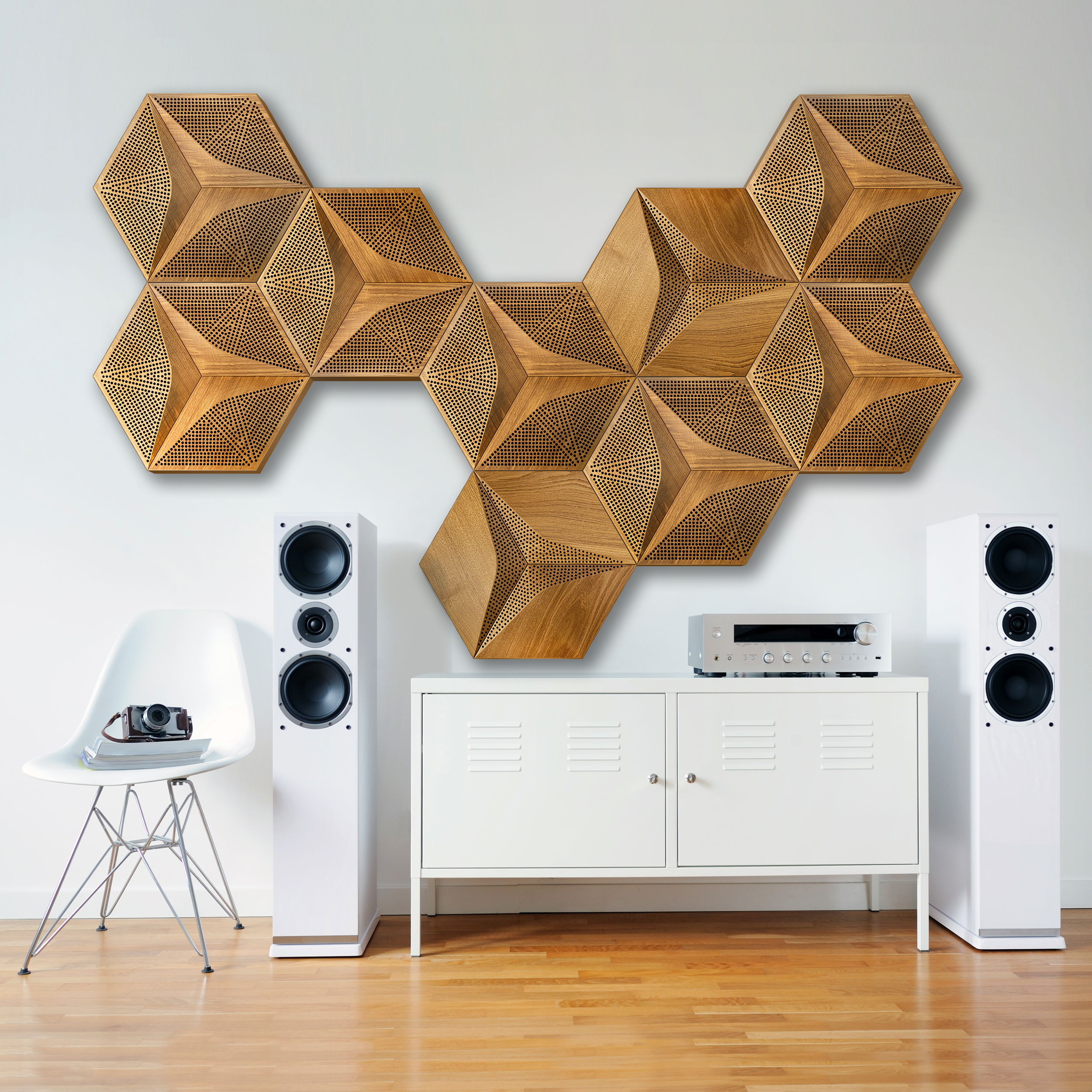 Hexago CM-A: Klasse-A Akustikpaneel mit skulpturalem 3D-Relief zur dreidimensionalen Schallbrechung Architectural Setup 2
