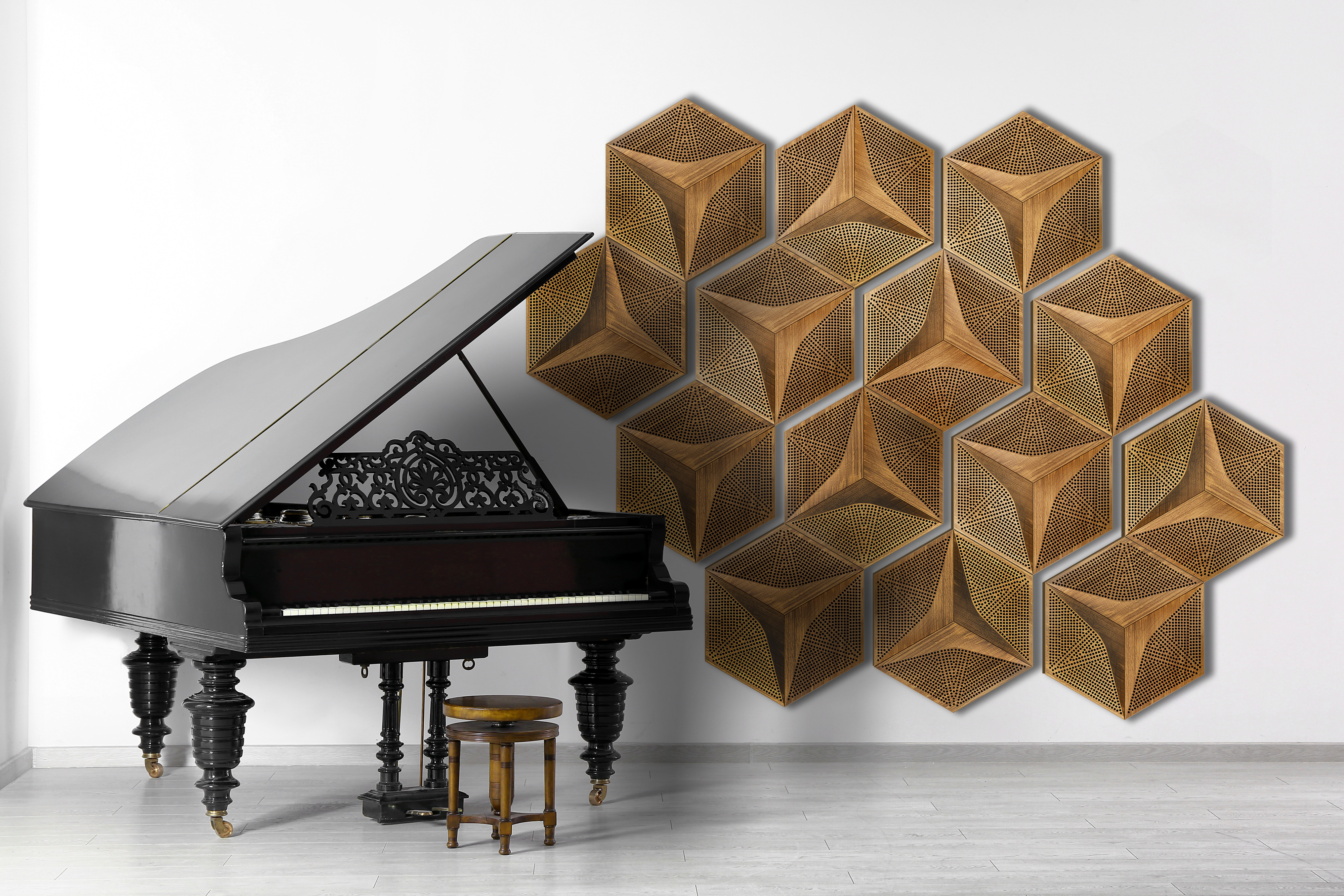 Hexago CM-A: Klasse-A Akustikpaneel mit skulpturalem 3D-Relief zur dreidimensionalen Schallbrechung Architectural Setup 3
