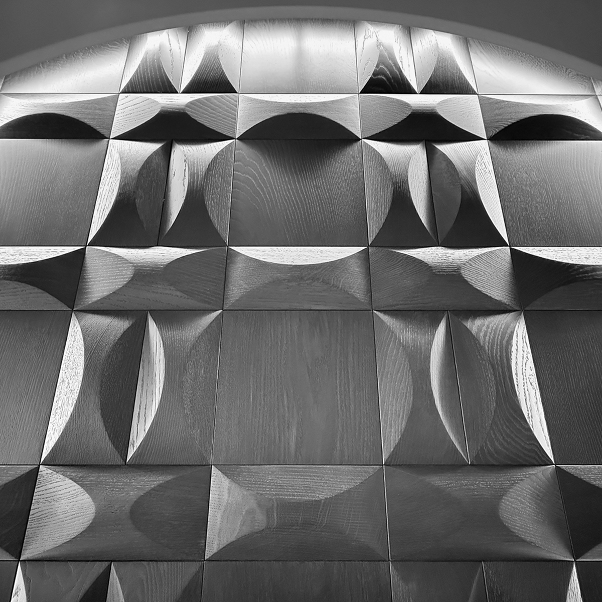 Luna: Wave-Shaped 3D Wood Panel with Lunar Geometry Architectural Rendering