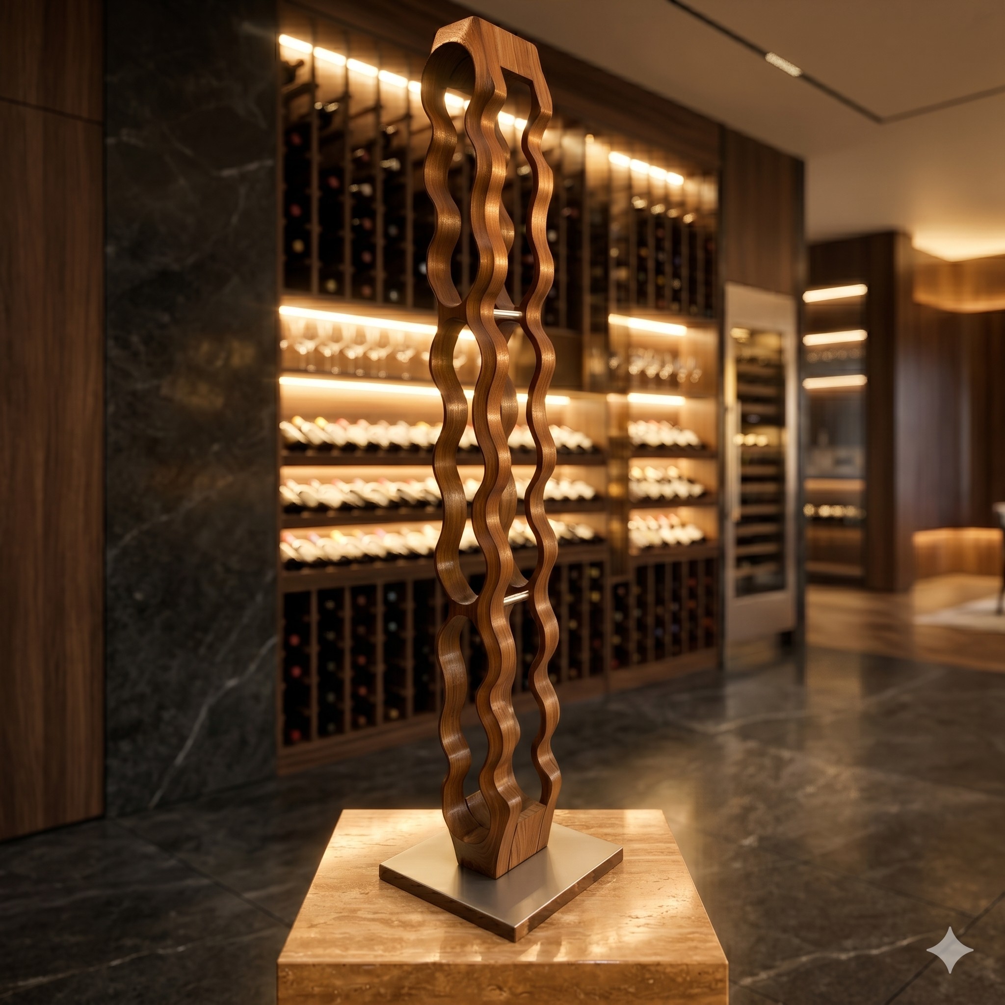Freistehende Massivholz Weinskulptur aus Nussbaum für Luxus Weinkeller Design