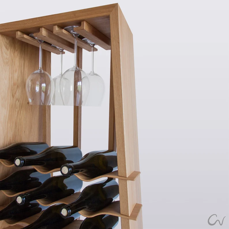 Wave Low: Solid Wood Wine Rack with Integrated Glass Rack on a premium marble kitchen counter