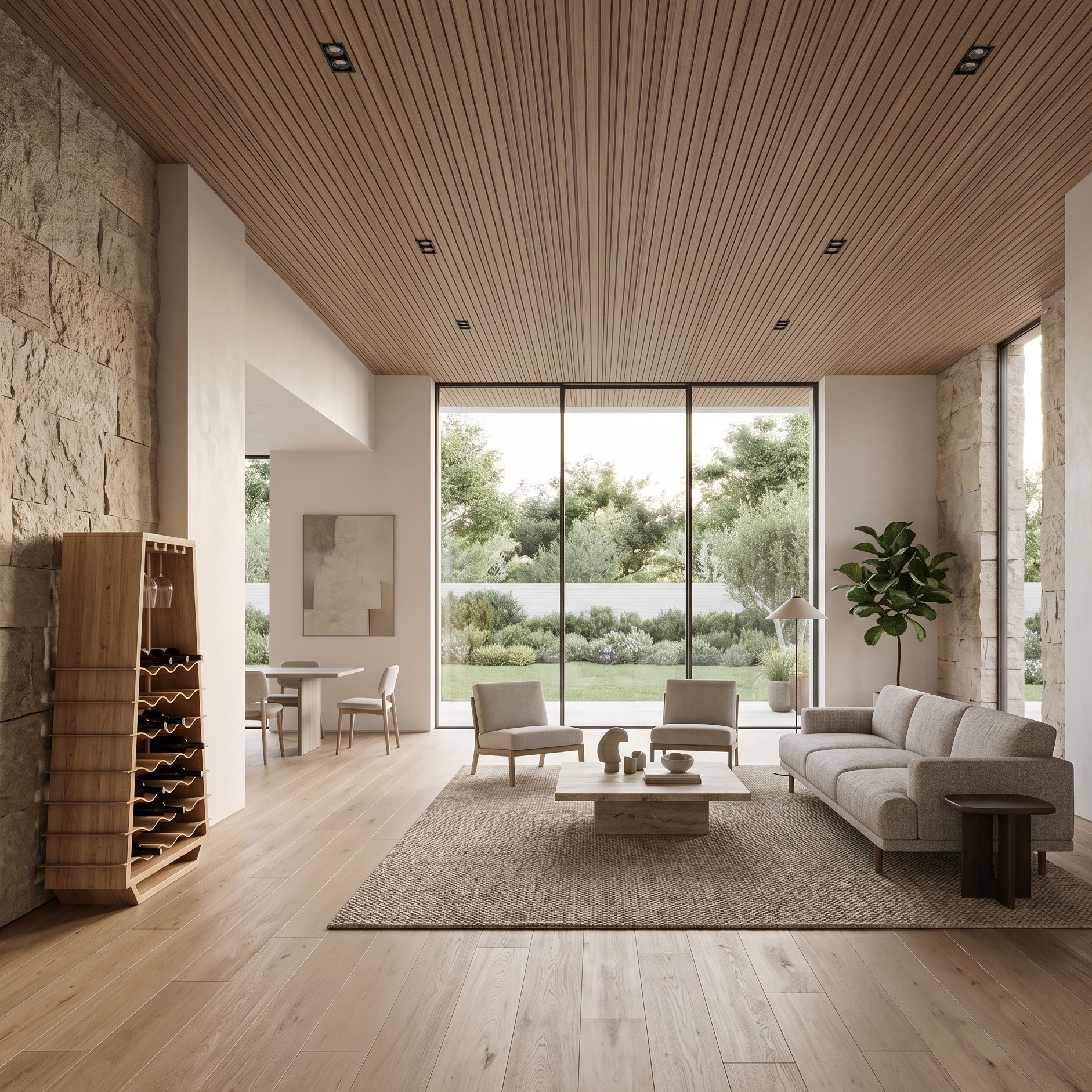 Wave Low: Solid Wood Wine Rack with Integrated Glass Rack in a premium Residential Living Room