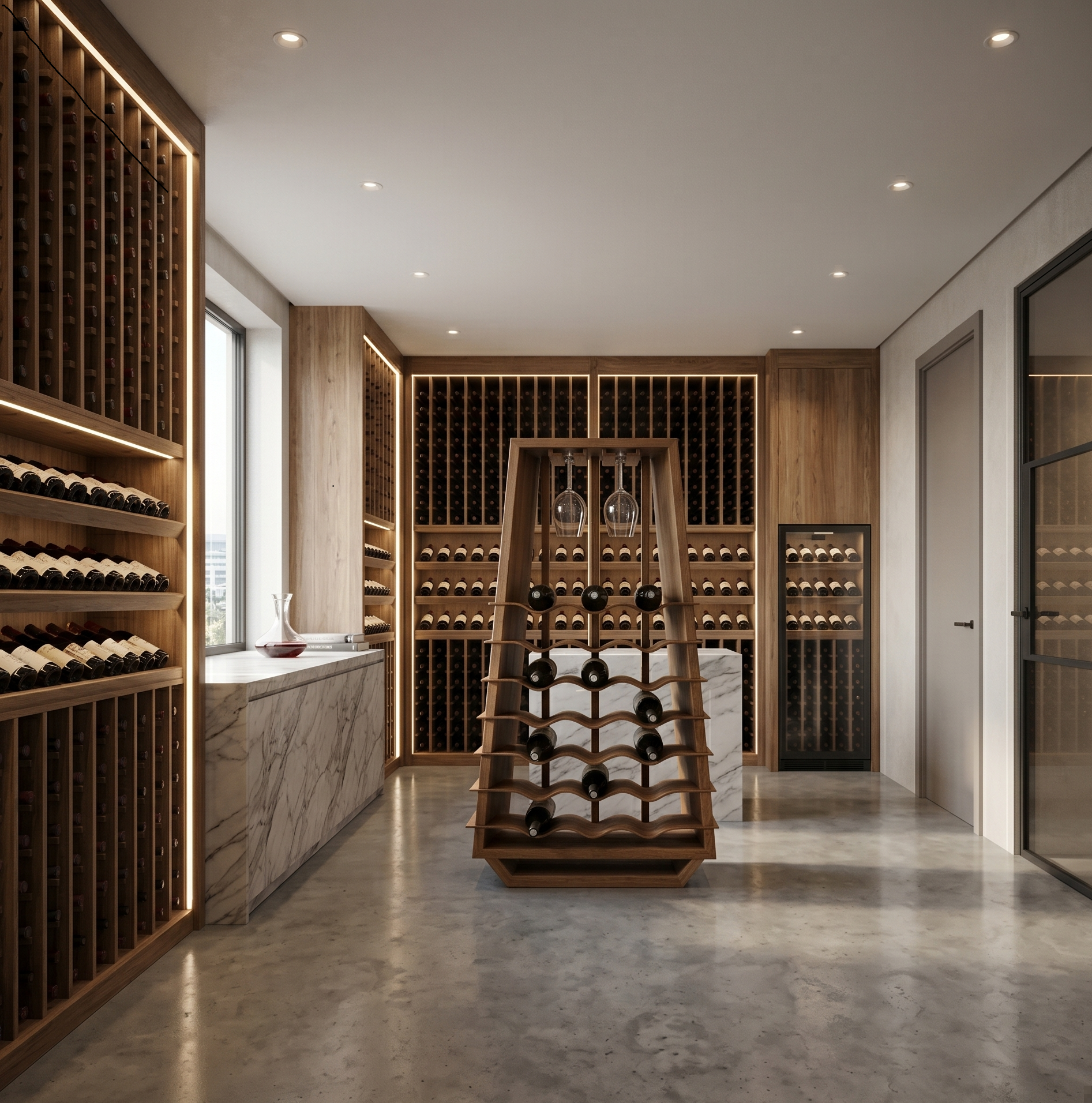 Wave Low: Solid Wood Wine Rack with Integrated Glass Rack cellaring in a private custom wine cellar