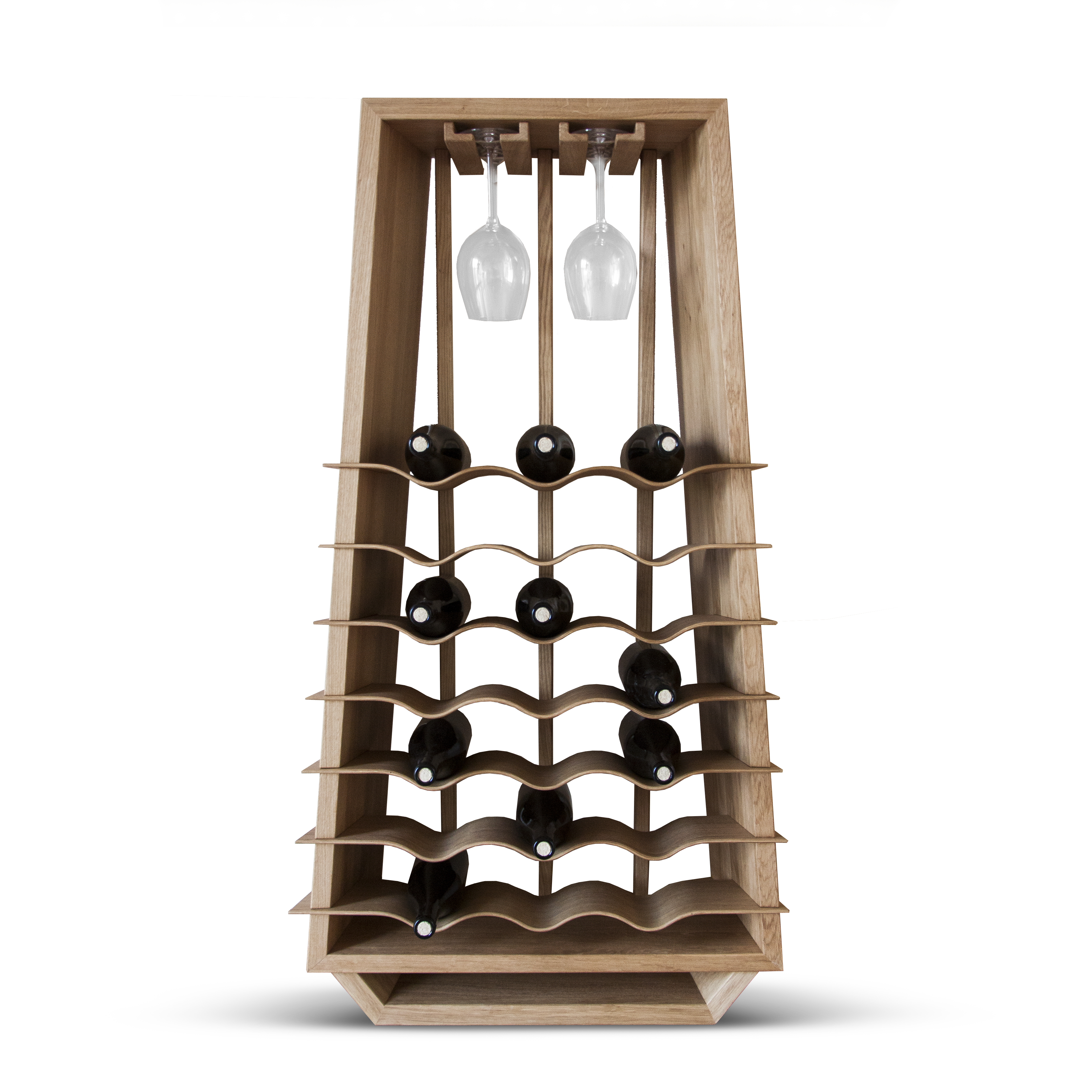 Trapezförmiges Massivholz Weinregal mit Gläserhalter