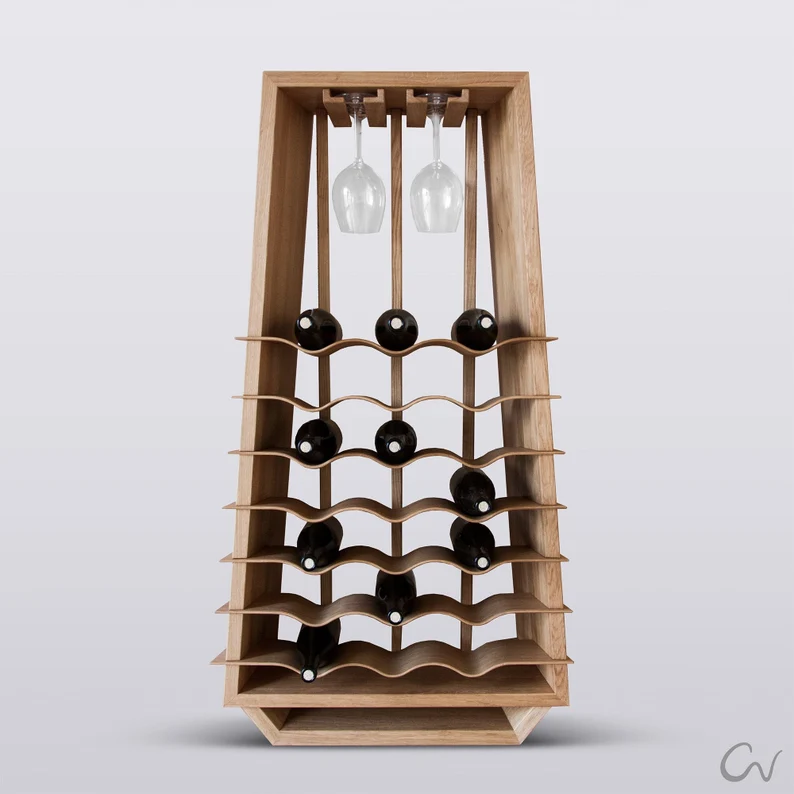 Wave Low: Solid Wood Wine Rack with Integrated Glass Rack Freestanding Studio Visual