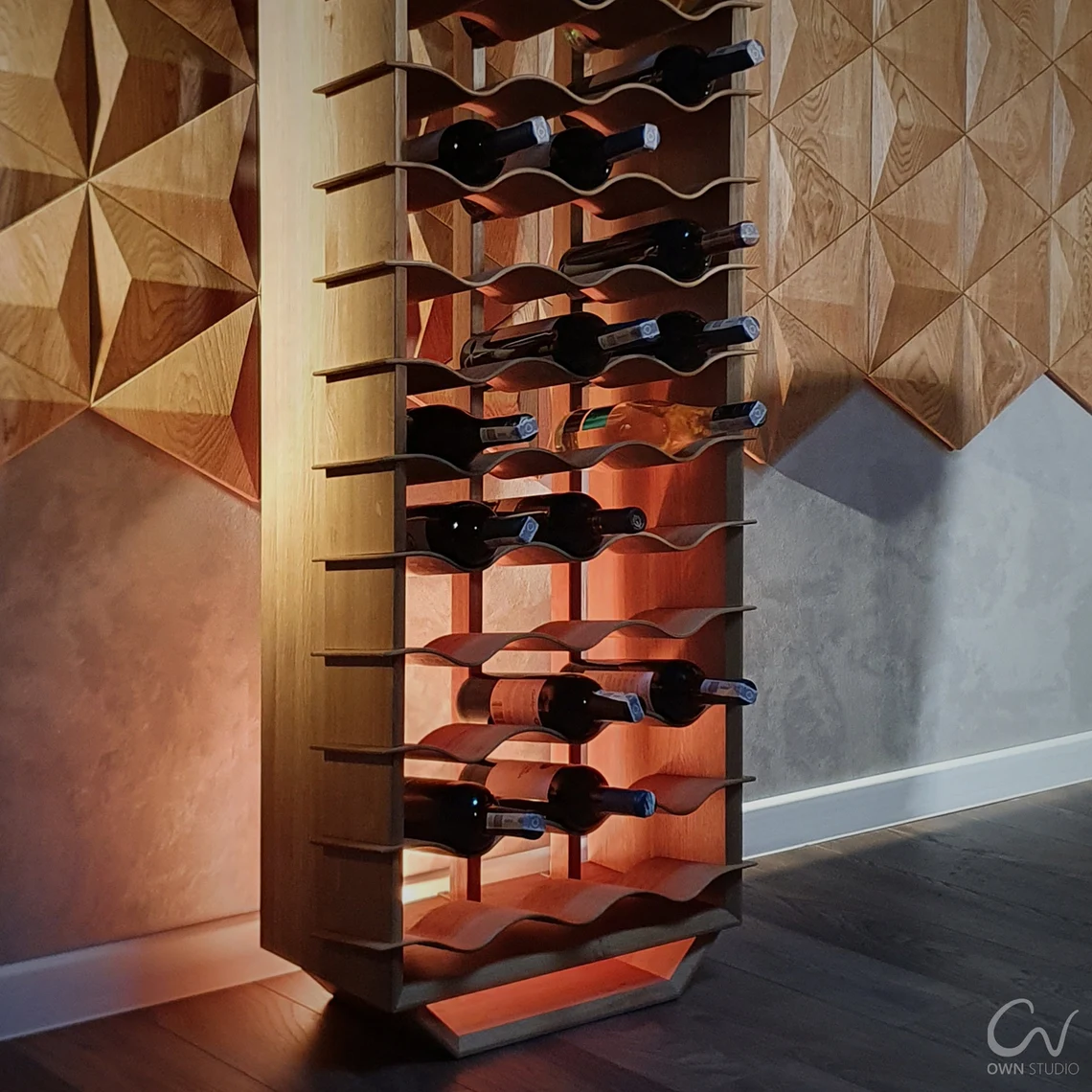 Wave Tall: Wandhoher Massivholz-Weinturm für 51 Flaschen cellaring in a private custom wine cellar